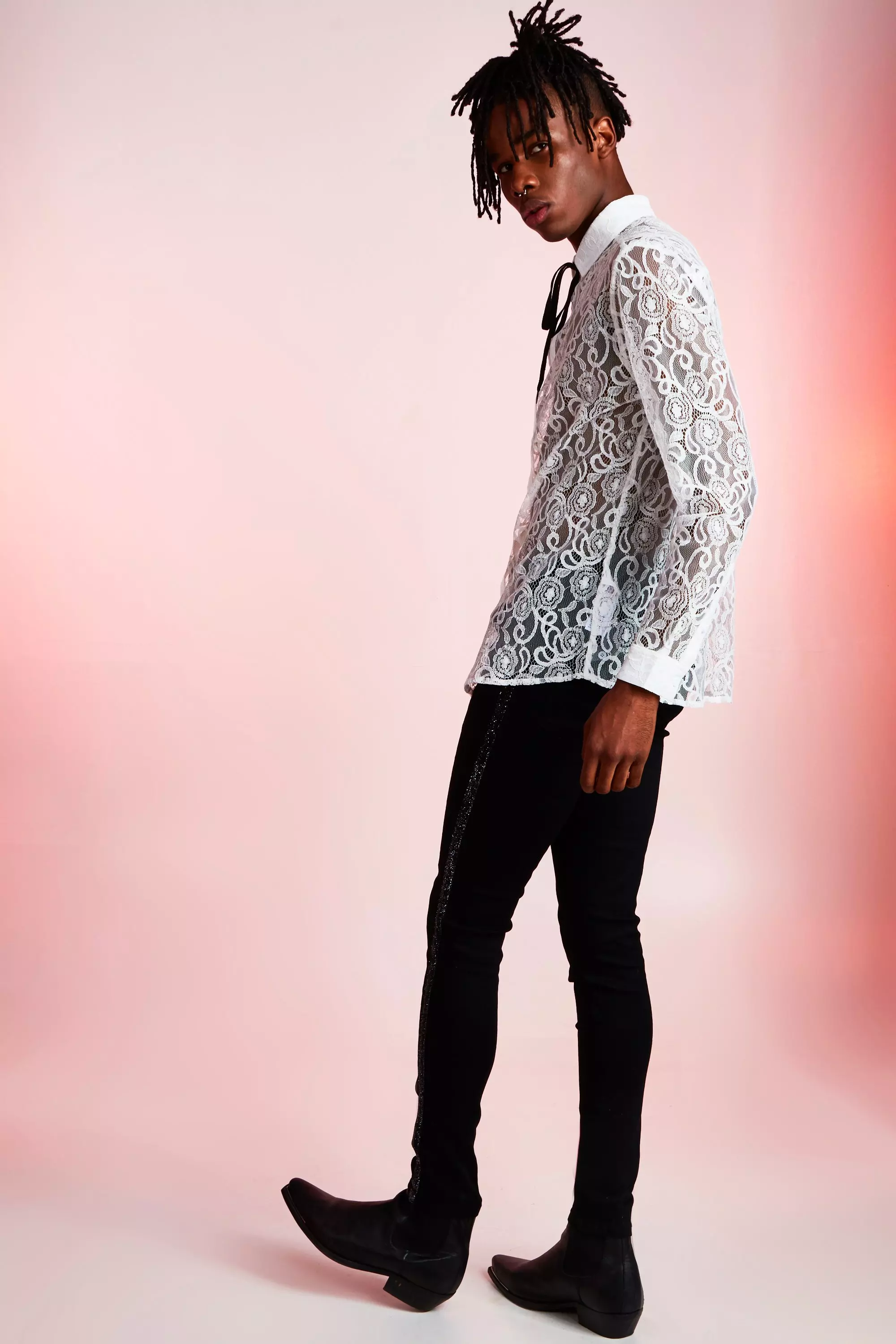Long Sleeve Lace Shimmer Shirt | boohooMAN USA
